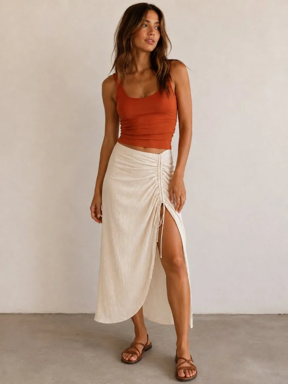 FREE PEOPLE Cerine Ruched Gauze Midi Skirt Natural Beige Sz 0 EUC